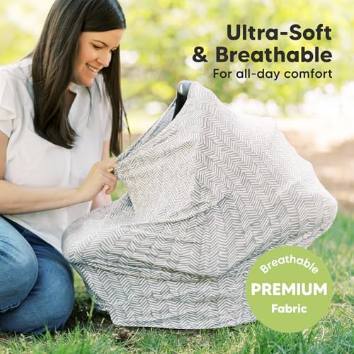 Mother using KeaBabies breathable breastfeeding cover for privacy