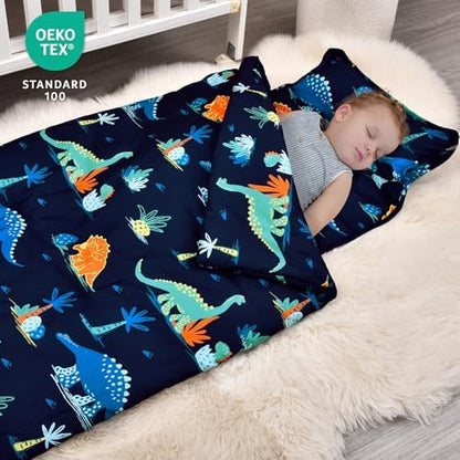David's Kids toddler slumber bag rolled up securely with closure straps and a carrying handle.