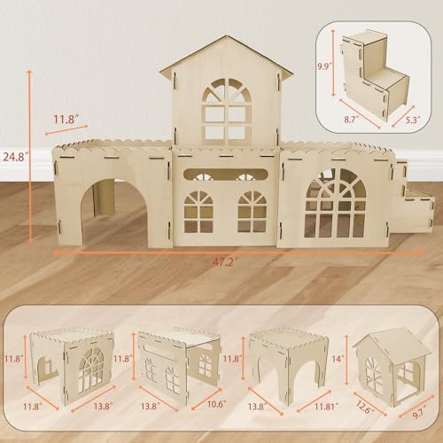YUEPET Extra Large Wooden Bunny Castle, Ventilated Rabbit Castle Hideaway with Stairs, Detachable Small Animal Hideout & Habitats for Indoor Outdoor Dwarf Rabbits Bunnies to Hide & Play - Image 4