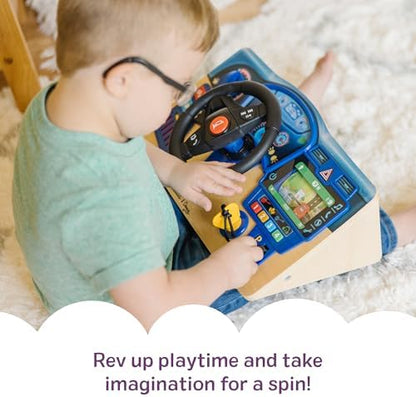 Close up of Melissa and Doug pretend play driving toy with wooden steering wheel and scrolling GPS