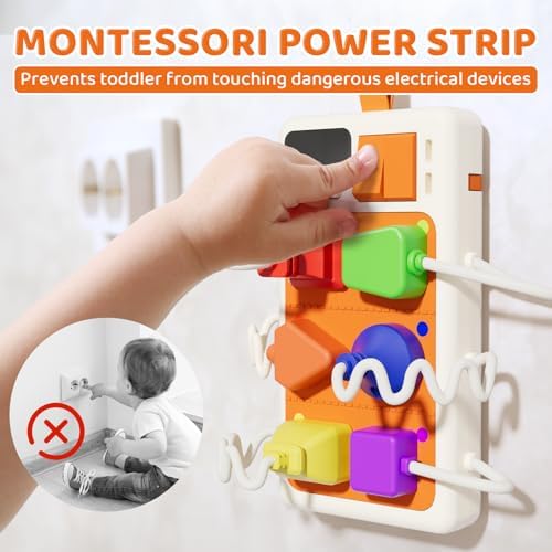 Toddler hands inserting a blue plug into the electronic busy board socket with light indicators.