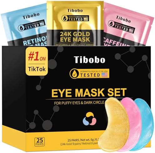 Tibobo under eye patches multi pack front view showing 24K gold retinol and caffeine options