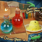 Close up of colorful glowing and layered magic potions