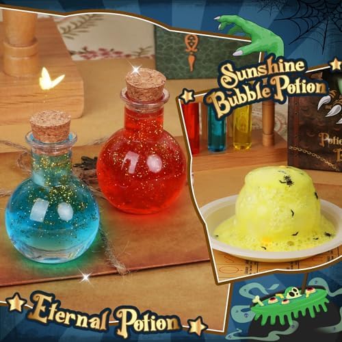 Close up of colorful glowing and layered magic potions