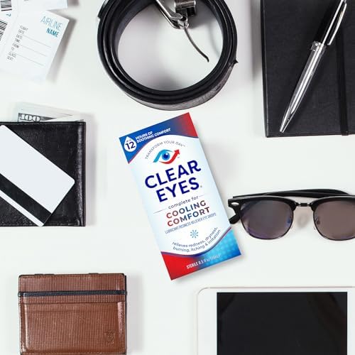 Clear Eyes Cooling Comfort packaging showing maximum strength redness relief.