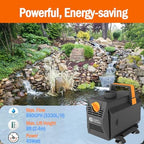 AquaMiracle amphibious pond pump with the front inlet screen removed showing the hose adapter attachment.