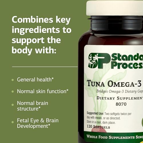 Standard Process Tuna Omega 3 Oil bottle side profile showing quality seal