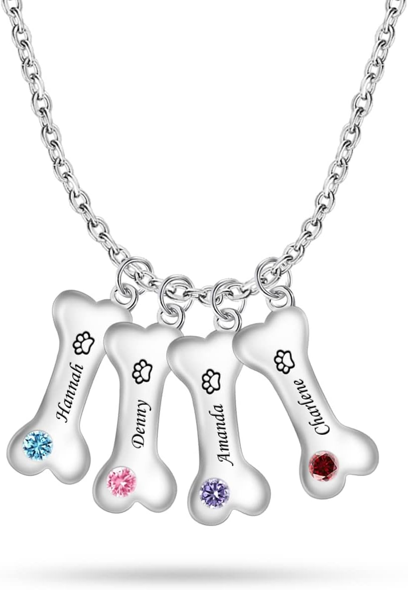 Custom Bone Necklace Engraved 1-5 Names Personalized Dog Pendant With Paw Print Birthstone for Dog Lovers - Image 9