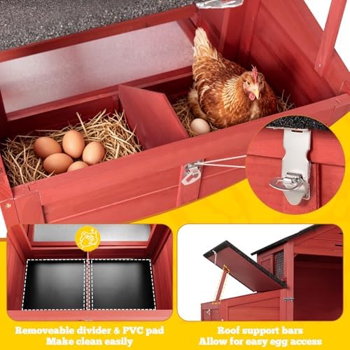 Portable Chicken Coop with Wheels Poultry Cage, Wooden Chicken Coop for 4-6 Chickens, Nesting Box, Pull-Out Tray, Ventilated Windows, Asphalt Weatherproof Roof, 81.5" Lx25.6 Wx44.1 H, Red - Image 7