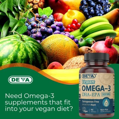 DEVA authentic USA imported ninety count vegan softgels bottle standing upright