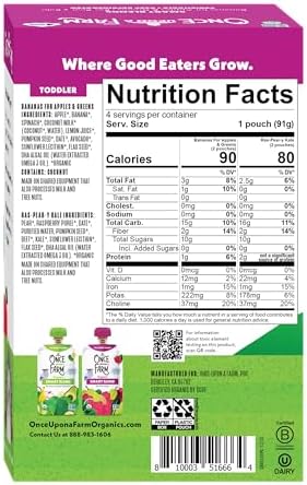 Once Upon a Farm Bananas for Apples and Greens and Pine-Apple Berry Punch nutritional information panel