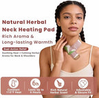 Woman using self-heating neck patch in office