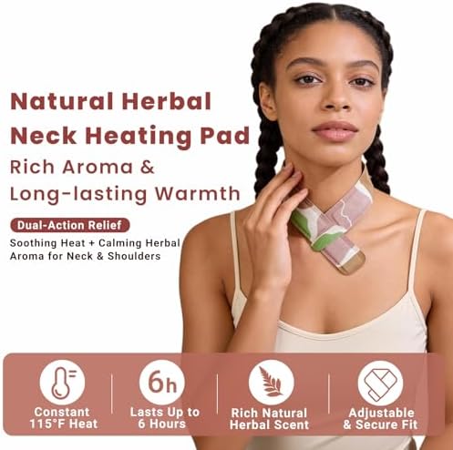 Woman using self-heating neck patch in office