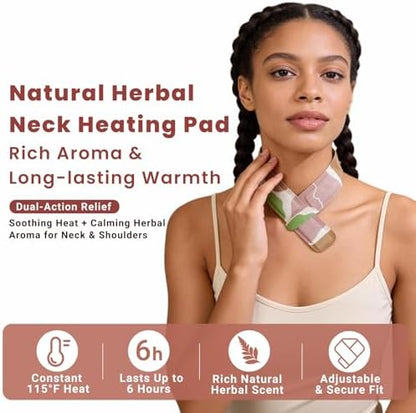 Woman using self-heating neck patch in office