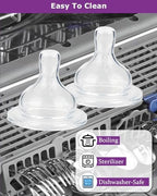Packaging illustration of the imported Xunicute four count silicone teats for feeding bottles