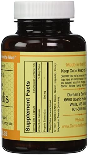 Side angle view of the natural bee propolis dietary supplement bottle highlighting the premium wellness product facts.