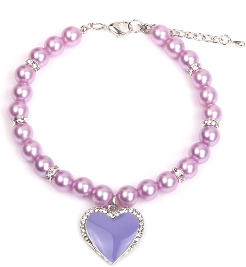 Dog Cat Pearls Necklace Collar with Rhinestones Heart Charm Pendant Pet Puppy Jewelry (Small, Pink) - Image 10