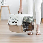 IRIS USA off white and brown small pet travel kennel showcasing the durable dual swing top entry.