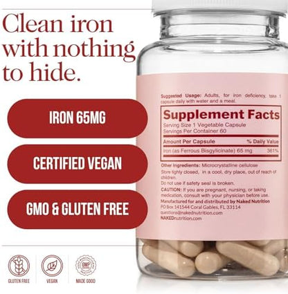 Naked Iron supplement bottle with sixty capsules showing premium clean ingredients list.