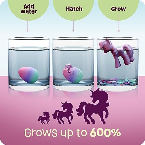 Six pastel colored magical unicorn eggs submerging in clear water containers