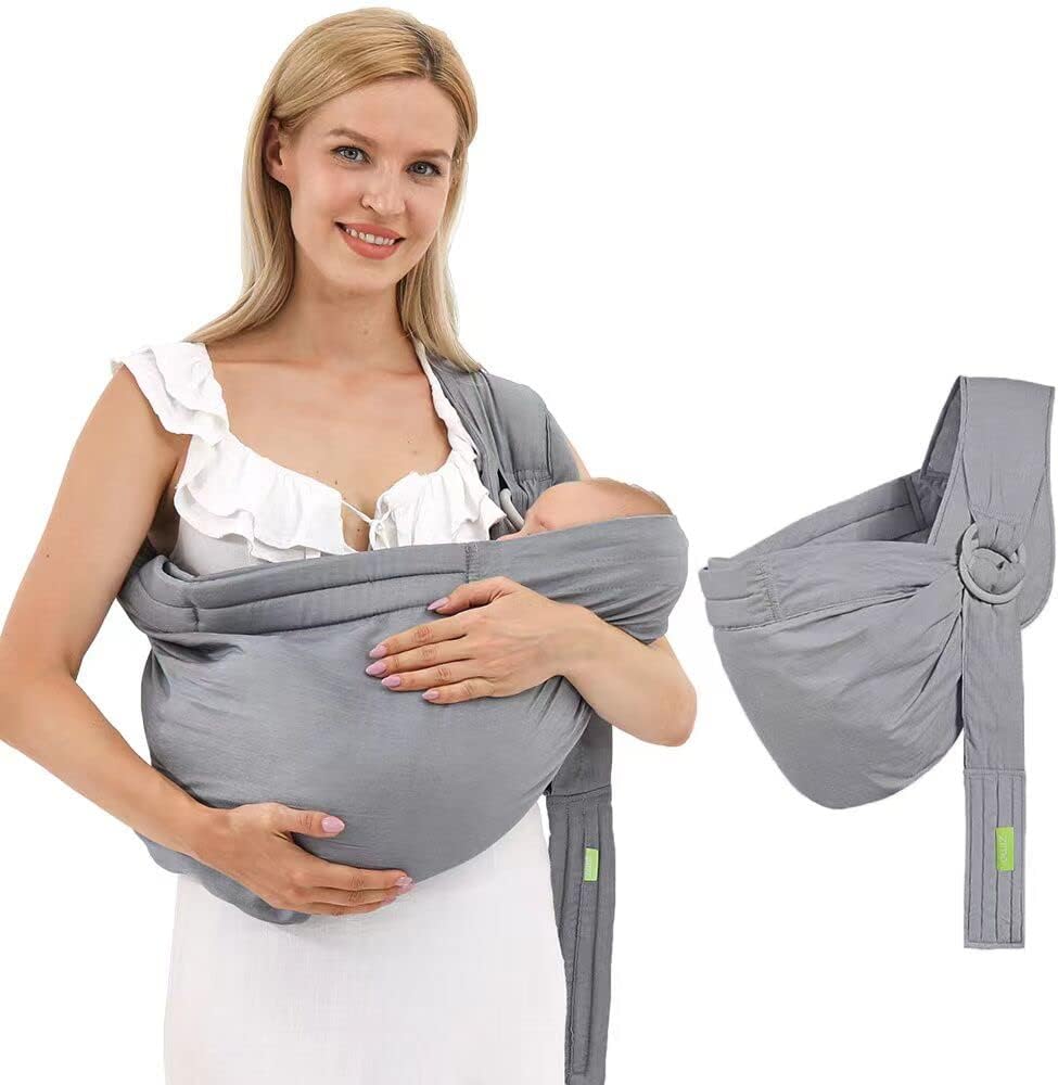 Shsyue baby carrier ring sling in grey front view being worn by a parent holding a newborn.