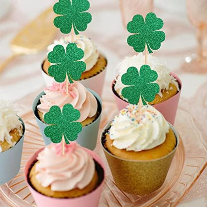 Decorative green glitter clover picks for baby showers