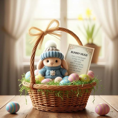 Hulezt pink mini bunny hug wearing miniature knitted sweater and pom pom hat