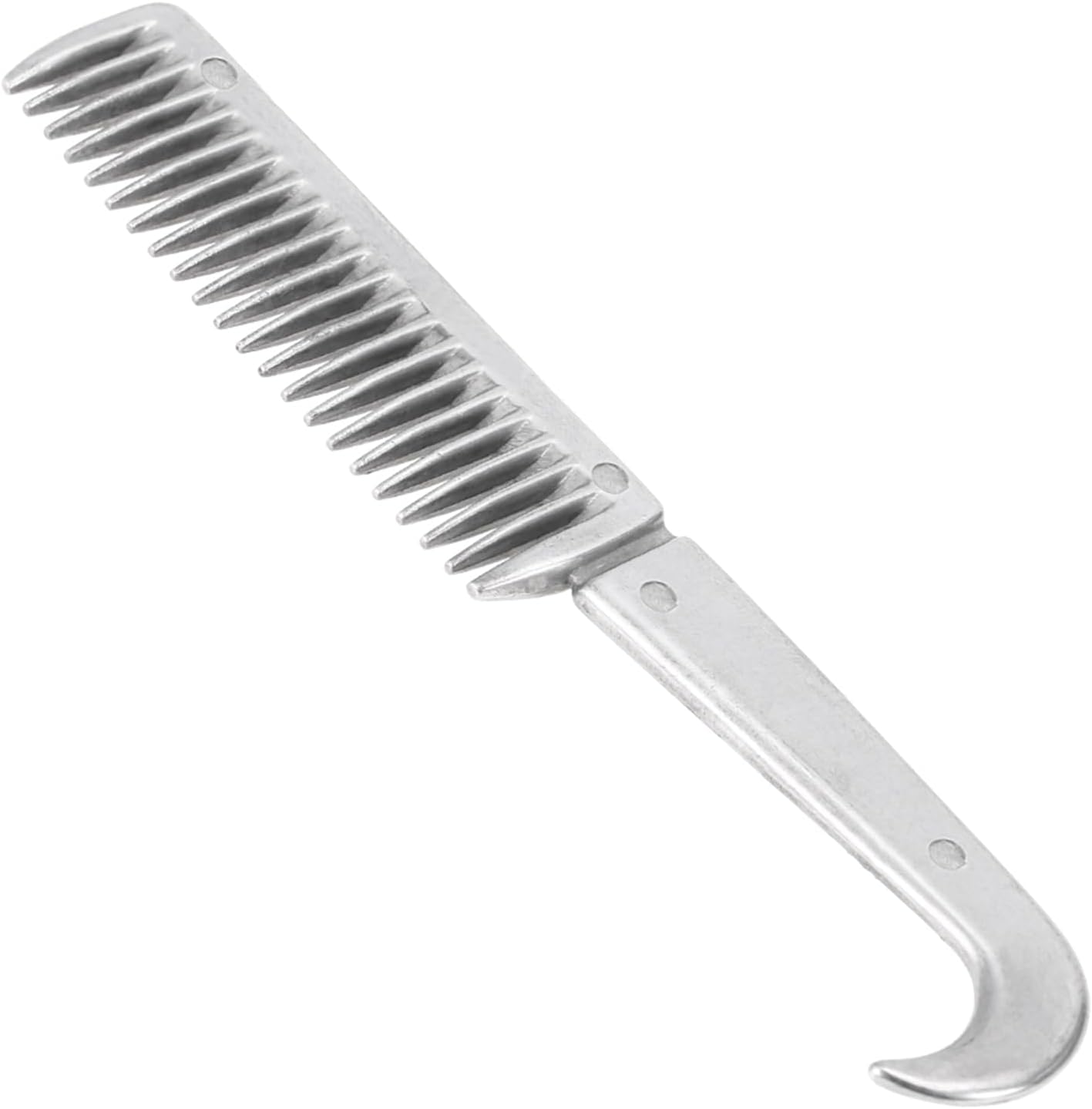 Durable aluminum horse comb held in hand for scale