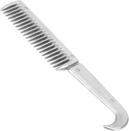 Durable aluminum horse comb held in hand for scale