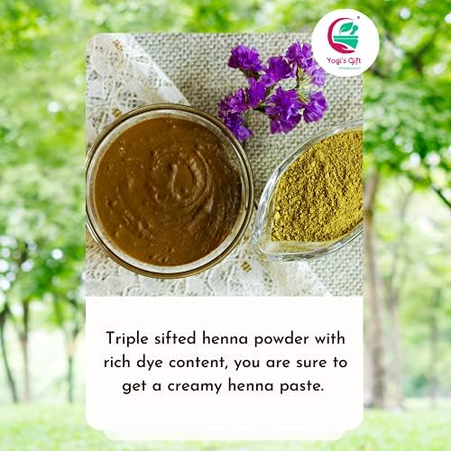 Yogi's Gift pure henna paste preparation illustration for deep conditioning and grey coverage.
