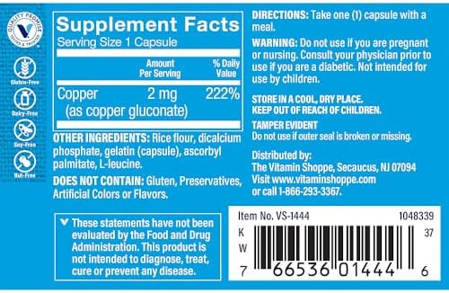 Authentic USA imported bottle of The Vitamin Shoppe Copper 2 mg trace mineral supplement for skin and joint health.