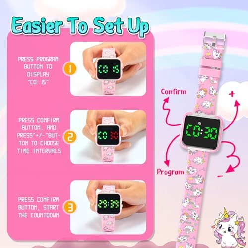 Close up of digital display on unicorn potty watch