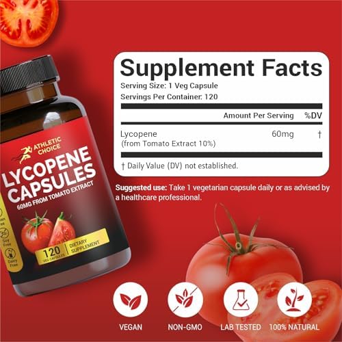 Athletic Choice Lycopene tomato extract capsules nutritional facts label side view.