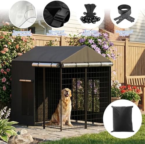 LitaiL windproof dog kennel cover secured with elastic ropes in backyard