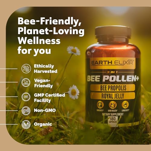 Side view of Earth Elixir three in one bee superfood supplement bottle