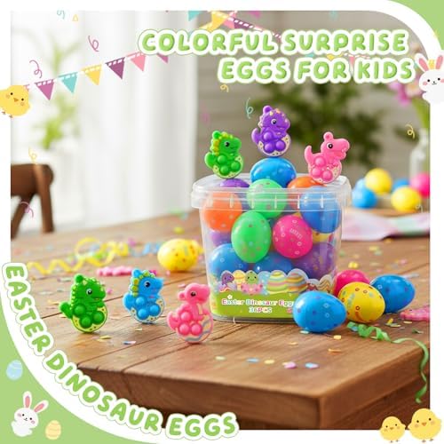 Open plastic egg displaying a colorful dinosaur pop fidget keychain toy inside