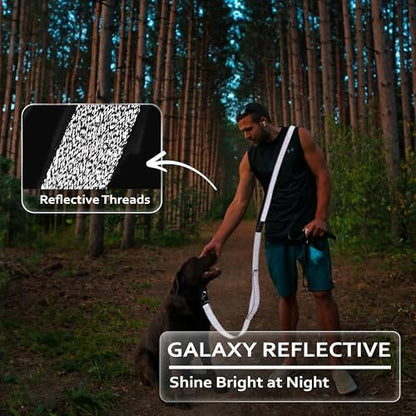 JC HOUSE adjustable hands free leash demonstrating the 360 degree galaxy reflective visibility at night.