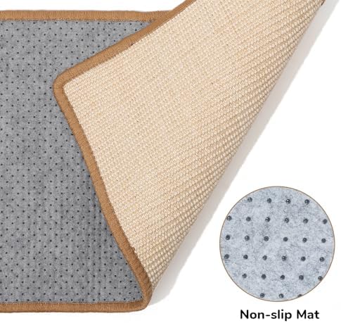 Cat scratch mat installed on hardwood living room floor protecting home carpet