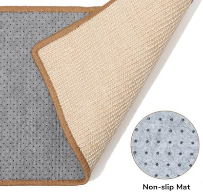 Cat scratch mat installed on hardwood living room floor protecting home carpet
