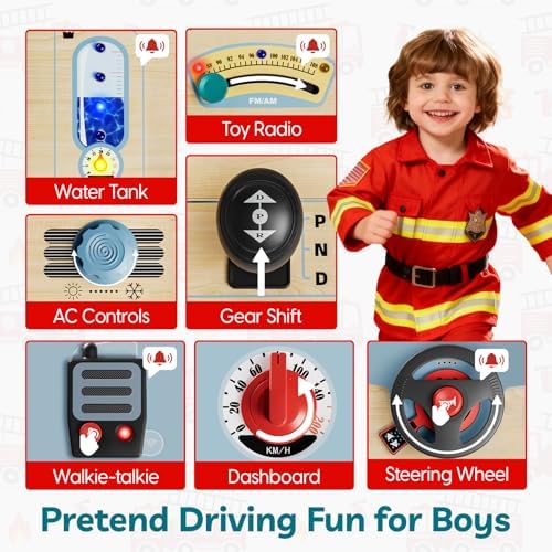 Toddler playing with the TOP BRIGHT sensory board turning the ignition key and gear shift