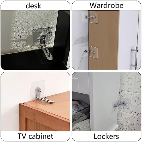 Step by step application of the strong adhesive safety lock on a smooth laminate wardrobe surface