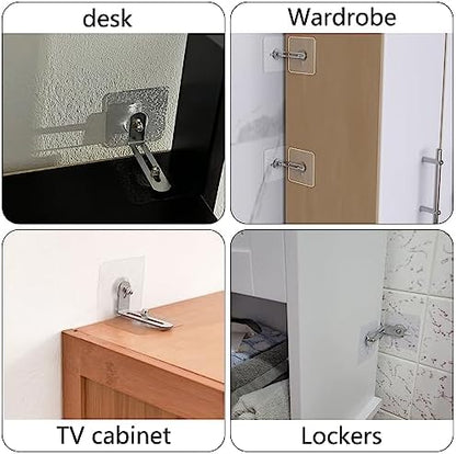 Step by step application of the strong adhesive safety lock on a smooth laminate wardrobe surface