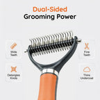 Premium pet grooming brush removing loose fur from a thick coat.