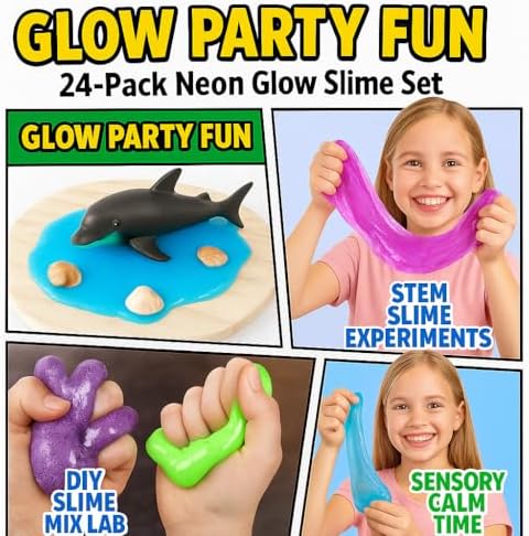 Six pack of neon party favors illuminating brightly in the dark