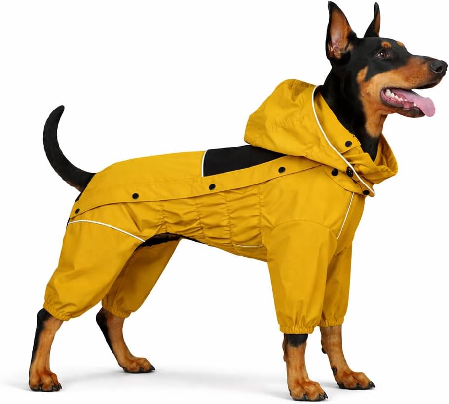 Lovelonglong waterproof dog raincoat front view mustard yellow full body pet jacket