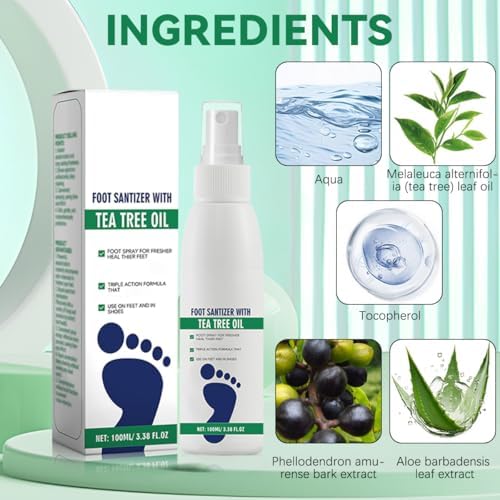 Tea tree oil infused foot spray for natural odor protection and freshness.