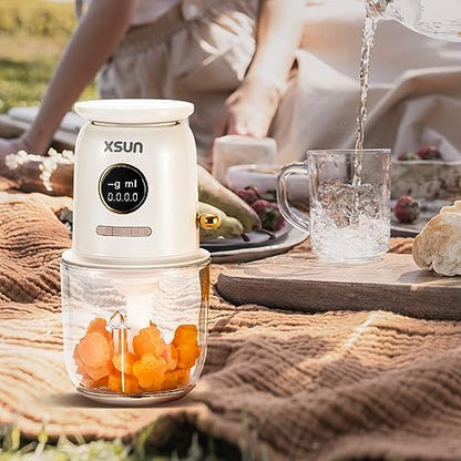 XSUN compact baby food maker glass jar with four stainless steel blending blades visible