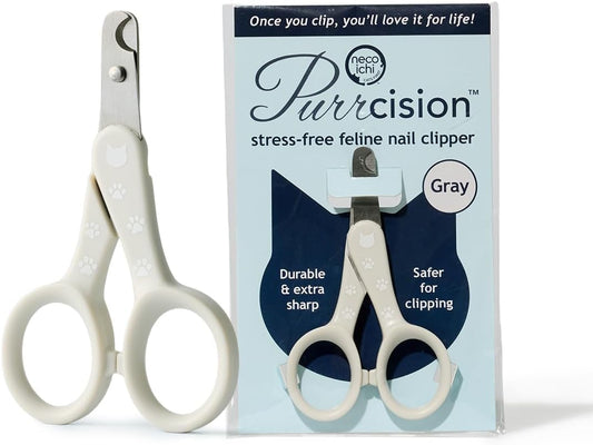 Necoichi Purrcision feline nail clippers in gray showing the front view for safe cat grooming.
