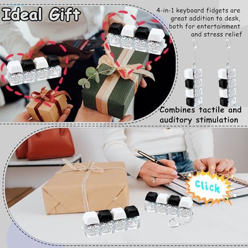 Hand removing a white mechanical keycap from the straight row fidget toy to show modular customization.