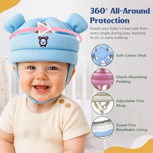 Toddler wearing Nibelloo safety cap during walking practice